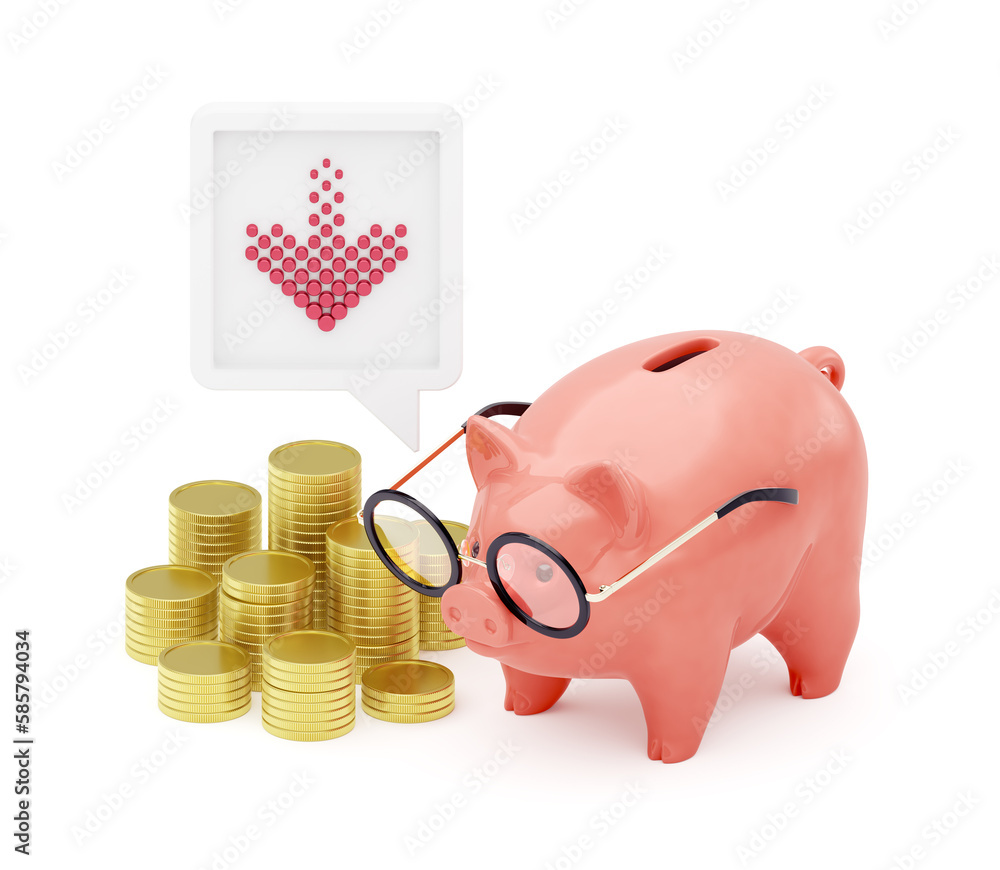 Poster falling trend of bank savings. a piggy bank expressing negative trend by an downward arrow that is i