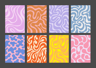Cool Groovy Pattern Posters Collection. Set of Y2K Wavy Textures. Trendy Abstract Geometric 90s Backgrounds. Funky Retro Vintage Backdrops.