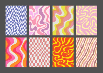 Cool Groovy Pattern Posters Collection. Set of Y2K Wavy Textures. Trendy Abstract Geometric 90s Backgrounds. Funky Retro Vintage Backdrops.