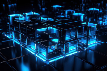 Obraz premium Abstract background, blue glowing cubes. AI generative.