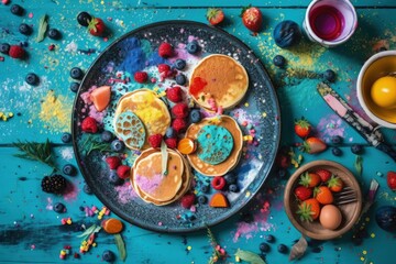 Fototapeta na wymiar stack of pancakes topped with fresh fruit. Generative AI