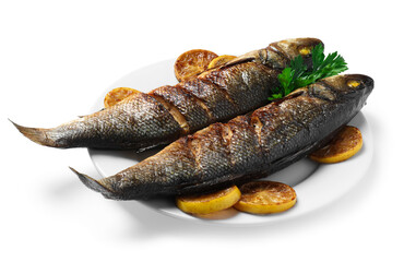 Plate with delicious sea bass fish, lemon and parsley isolated on white