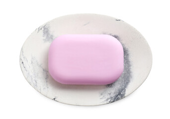 Holder with soap bar on white background, top view