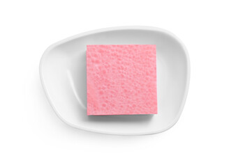 Holder with soap bar on white background, top view
