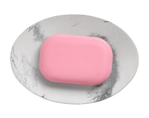Holder with soap bar on white background, top view