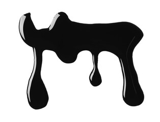 Drops of black glossy paint on white background, top view