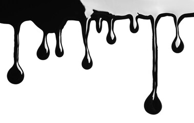 Black glossy paint spilled on white background, top view