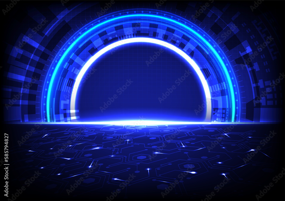 Poster futuristic background technology abstract laser illuminated tech circle door electronic circuits on 