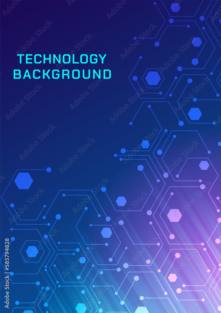Poster abstract technology background vertical lines and dots with hexagon space on top left glowing square