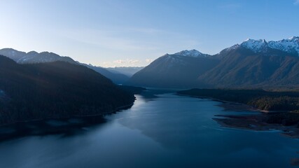 Aerial view of Lake Cushman and the Olympic Mountains of Washington State at sunset