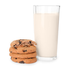 Delicious chocolate chip cookies and milk isolated on white