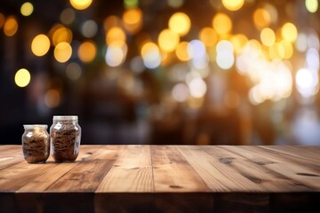 Empty Wooden Table with Blurred Restaurant Bokeh Background for product or your coffee