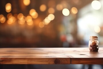 Fototapeta na wymiar Empty Wooden Table with Blurred Restaurant Bokeh Background for product or your coffee