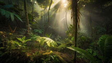 A lush tropical forest landscape, capturing the vibrant greenery and diverse flora of the region, created by AI.