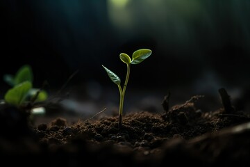 Naklejka na ściany i meble Young plant emerging from the soil - nature created with generative AI technology