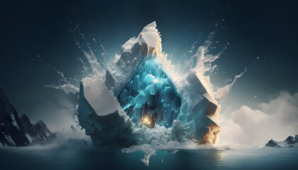 Iceberg floating in the water. Iceberg explosion, 3D rendered Illustration. Created with generative AI technologies.