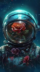 Obraz na płótnie Canvas Illustrative image of dreamy astronaut helmets filled with flower and exotic plants