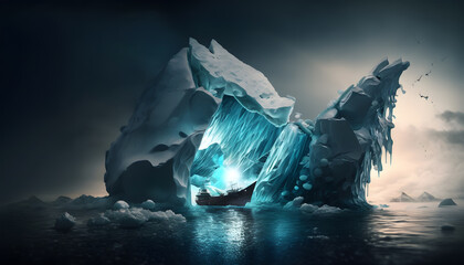 Iceberg floating in the water. 3D rendered Illustration. Created with generative AI technologies.