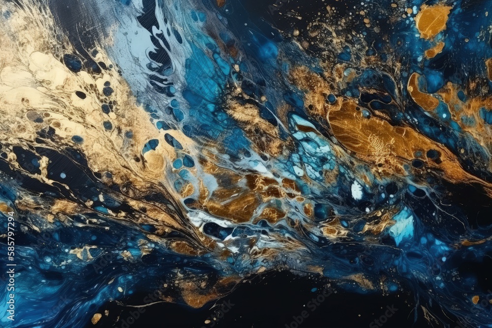 Poster an abstract painting with a dynamic combination of gold and blue colors. generative ai