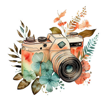 Watercolor Floral Camera Butterfly PNG FIile, Many Beautiful Colorful Spring Florals Camera with Butterfly Watercolor - Generative AI