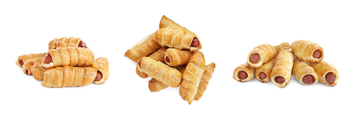Collage of tasty sausages in dough on white background