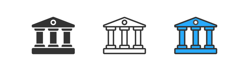 Bank icon on light background. Business symbol. Courthouse, transactions, museum, money. Outline, flat and colored style. Flat design. Vector illustration.