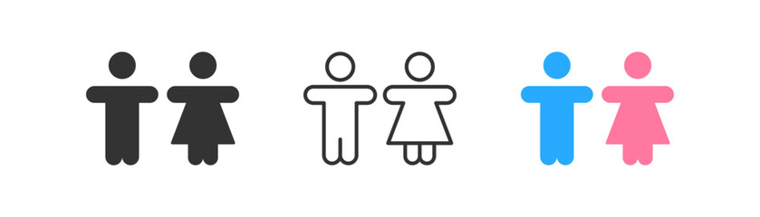 WC icon on light background. Gender symbol. Restroom, male, female, pink, blue. Outline, flat and colored style. Flat design. Vector illustration.