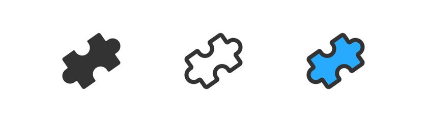 One piece of puzzle icon on light background. Jigsaw symbol. Teamwork, child game, mechanism. Outline, flat and colored style. Flat design. Vector illustration.