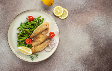 Grilled fish fillet with vegetables. organic healthy products. Detox and clean diet concept. place for text, top view