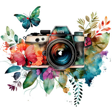 Watercolor Floral Camera Butterfly PNG FIile, Many Beautiful Colorful Spring Florals Camera with Butterfly Watercolor - Generative AI