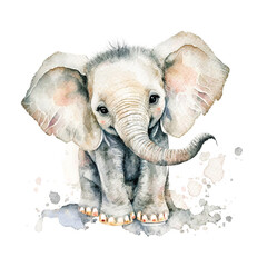 Watercolor Baby Elephant.cute cartoon illustration.
 Isolated on a white background.
