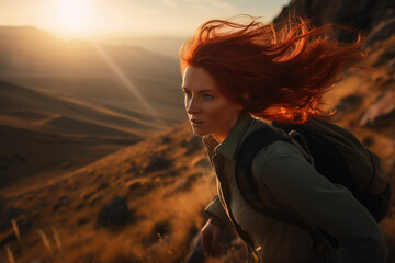 Young woman with red hair backpacking in nature. Generative AI illustration