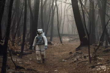 Surreal image of Astronaut walking in the woods, Generative AI illustration