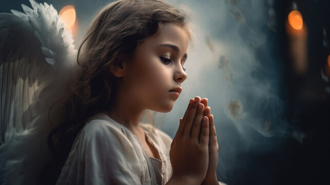 Young girl with angel wings praying, Generative AI illustration
