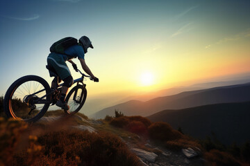 Athlete riding mountain bike at sunset , Generative AI illustration