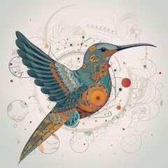 A charming hummingbird made from poka dots, circles, and flowers, against a backdrop of traditional patterns combined with minimalist boho designs. generative ai