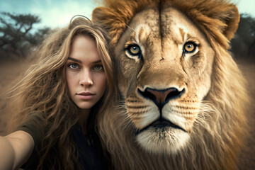 Young blond woman taking a selfie with a lion , Generative AI illustration - obrazy, fototapety, plakaty