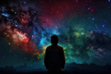 Fototapeta na wymiar Silhouette of a man looking at the colorful universe, Generative AI illustration