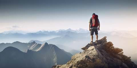 Panoramic image of Hiker admiring the view from top of mountain