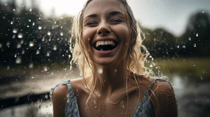 Obraz premium Beautiful blond girl with big smile standing in the rain. Generative AI illustration