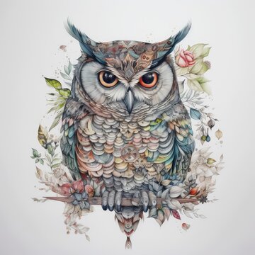 A captivating owl made from squares, lines, and intricate floral patterns, generative ai