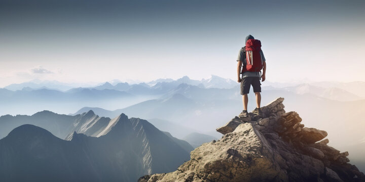 Panoramic image of Hiker admiring the view from top of mountain