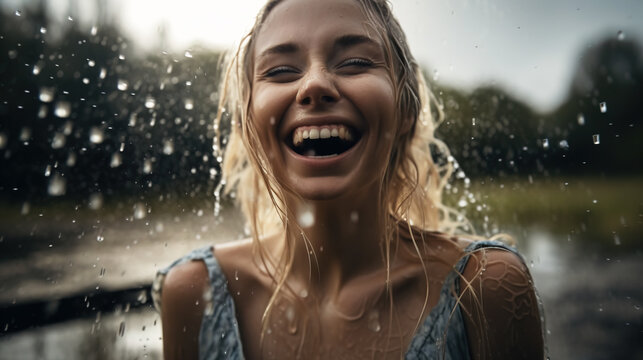 Beautiful blond girl with big smile standing in the rain. Generative AI illustration