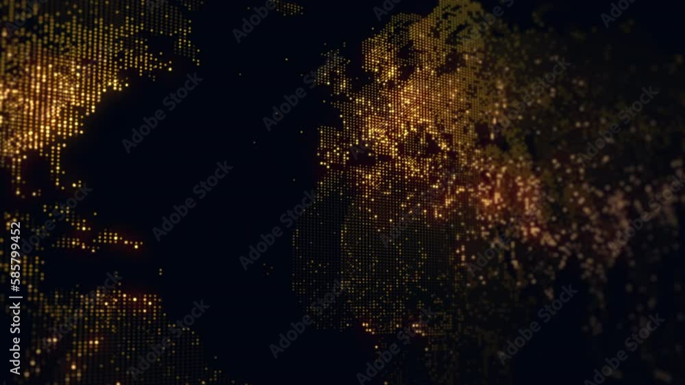 Poster slowly changing illumination of a digital map of the earth. lights of megalopolises blend in soft gl