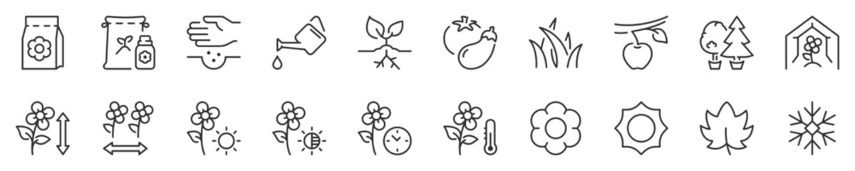 Gardening and seeding activities thin line icon set 1 of 2. Symbol collection in transparent background. Editable vector stroke. 512x512 Pixel Perfect.