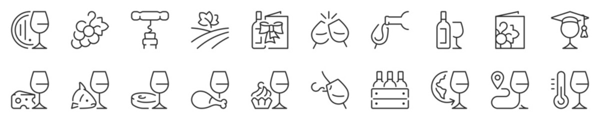 Wine and wine pairing thin line icon set. Symbol collection in transparent background. Editable vector stroke. 512x512 Pixel Perfect.