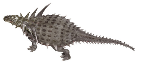 サウロペルタ　　白亜紀初期の北アメリカに棲息していた装盾類ノドサウルス科に属する草食性の恐竜。体長は5メートルでノドサウルスとしては中型。骨質の鎧を纏っており、頸部から大きな棘が突き出していた。オリジナル想像図。