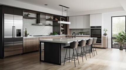 Minimal Stylish kitchen with a large island, sleek stainless steel appliances, and a variety of modern accents. generative ai