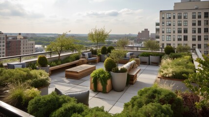 Urban rooftop garden with lush greenery, seating areas, and city views. generative ai