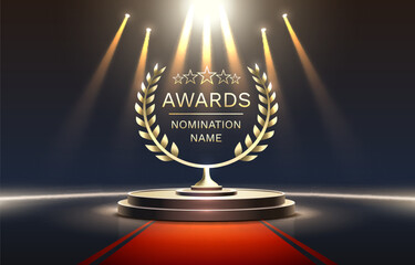 Awards nomination name podium, golden prize event, scene star ceremony. Vector illustration